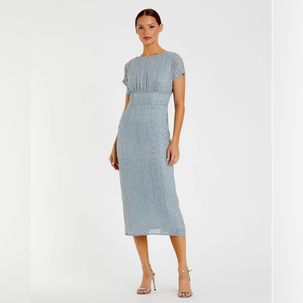 Mac Duggal Pale Blue Beaded Midi Dress